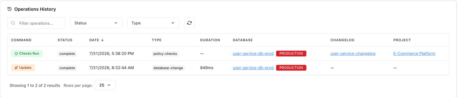 database connection details operations history