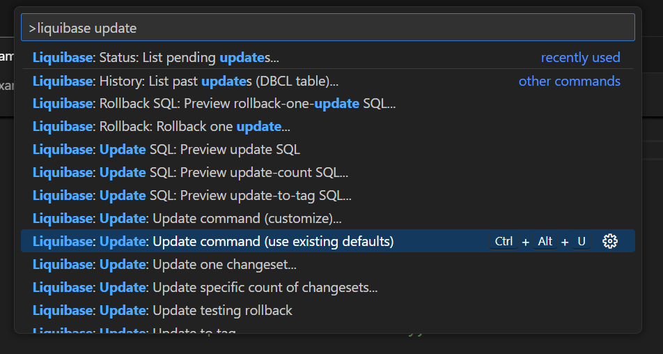 Liquibase update: Update command use existing defaults
