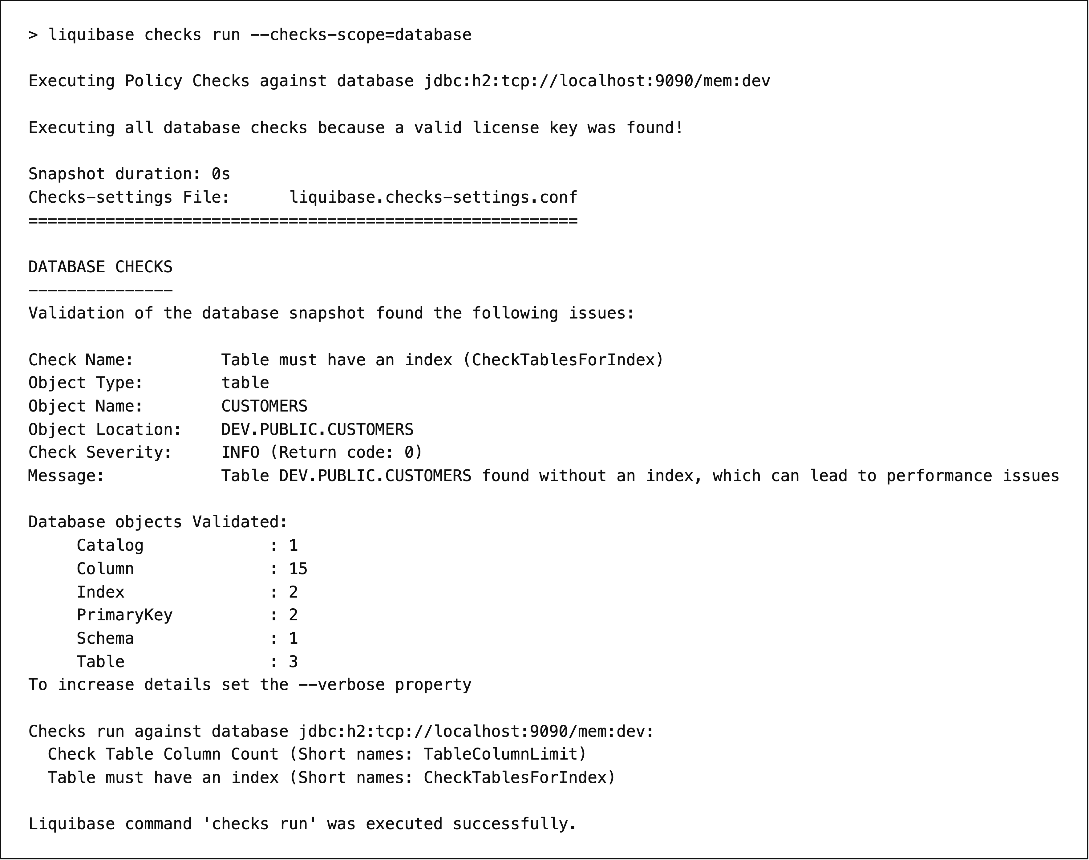 Terminal output of liquibase checks run with database scope, showing a triggered check with its severity and exit code, and the counts of database objects validated by type.