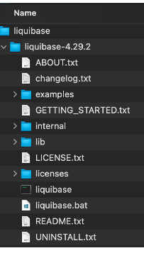 A file listing of an extracted Liquibase installation directory, showing the liquibase executable, liquibase.bat, the internal and lib folders, the examples folder, and the licence and readme files.