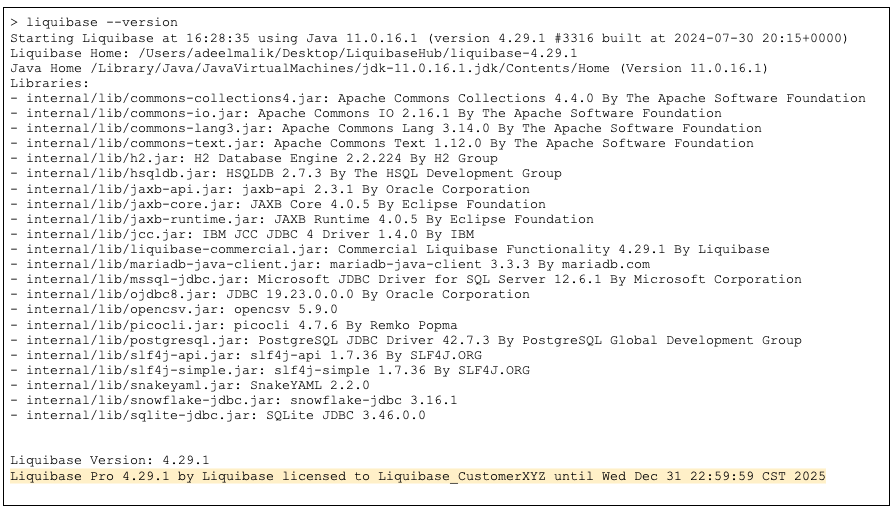 Example output of the liquibase --version command, listing the Liquibase version, the licensed edition, the Java version, and the available JDBC drivers.
