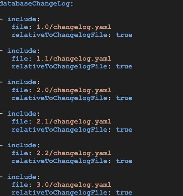 A root changelog using include tags, one per release subdirectory, listed in the order the releases should be deployed.