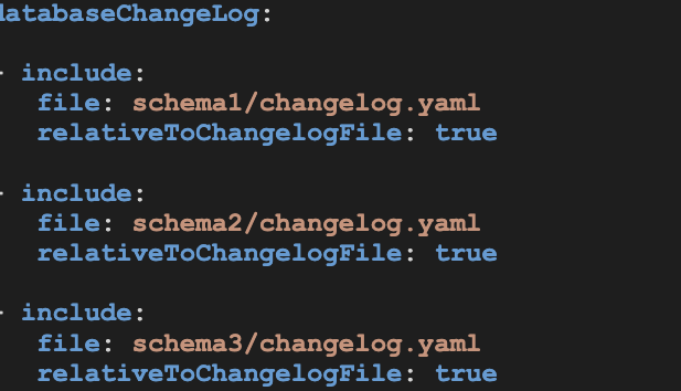 A release-level changelog using include tags to point at the changelog in each schema or database subdirectory.