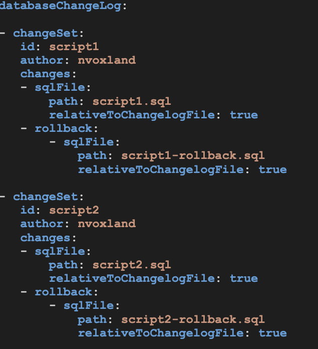 A release changelog whose changesets each use the sqlFile change type to reference a specific SQL script, with a separate rollback script for each changeset.