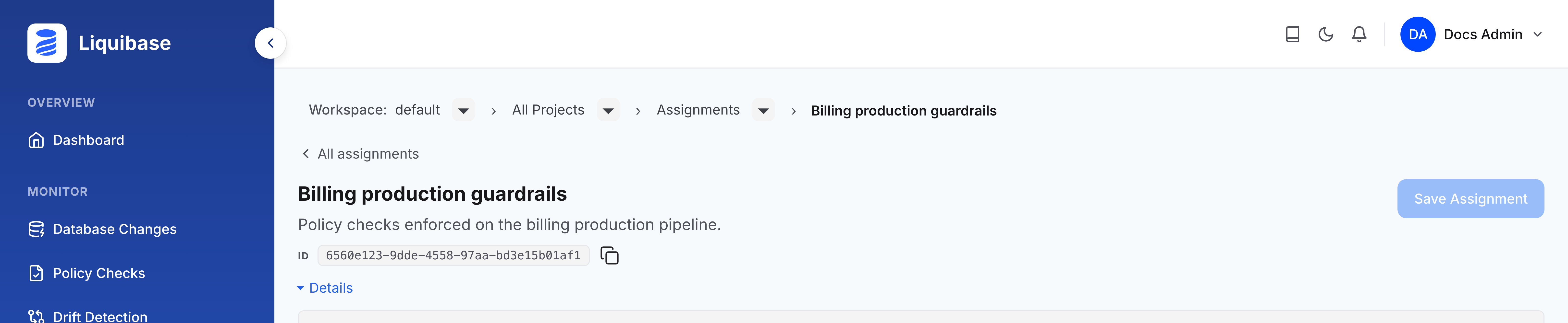 An assignment's detail page header showing its name, description, and assignment ID