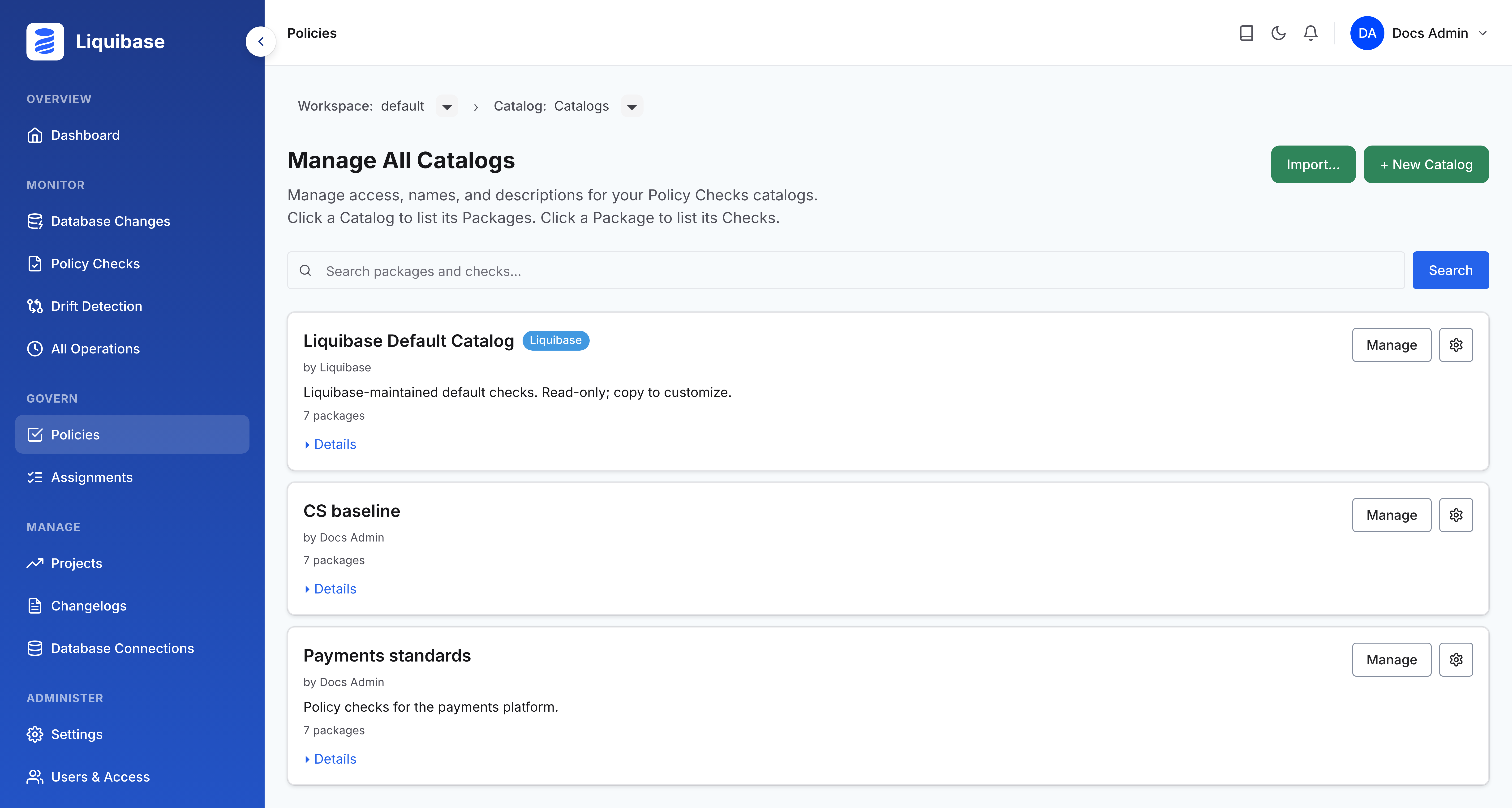 The Manage All Catalogs page listing each catalog with its package count, with the read-only Liquibase Default Catalog at the top