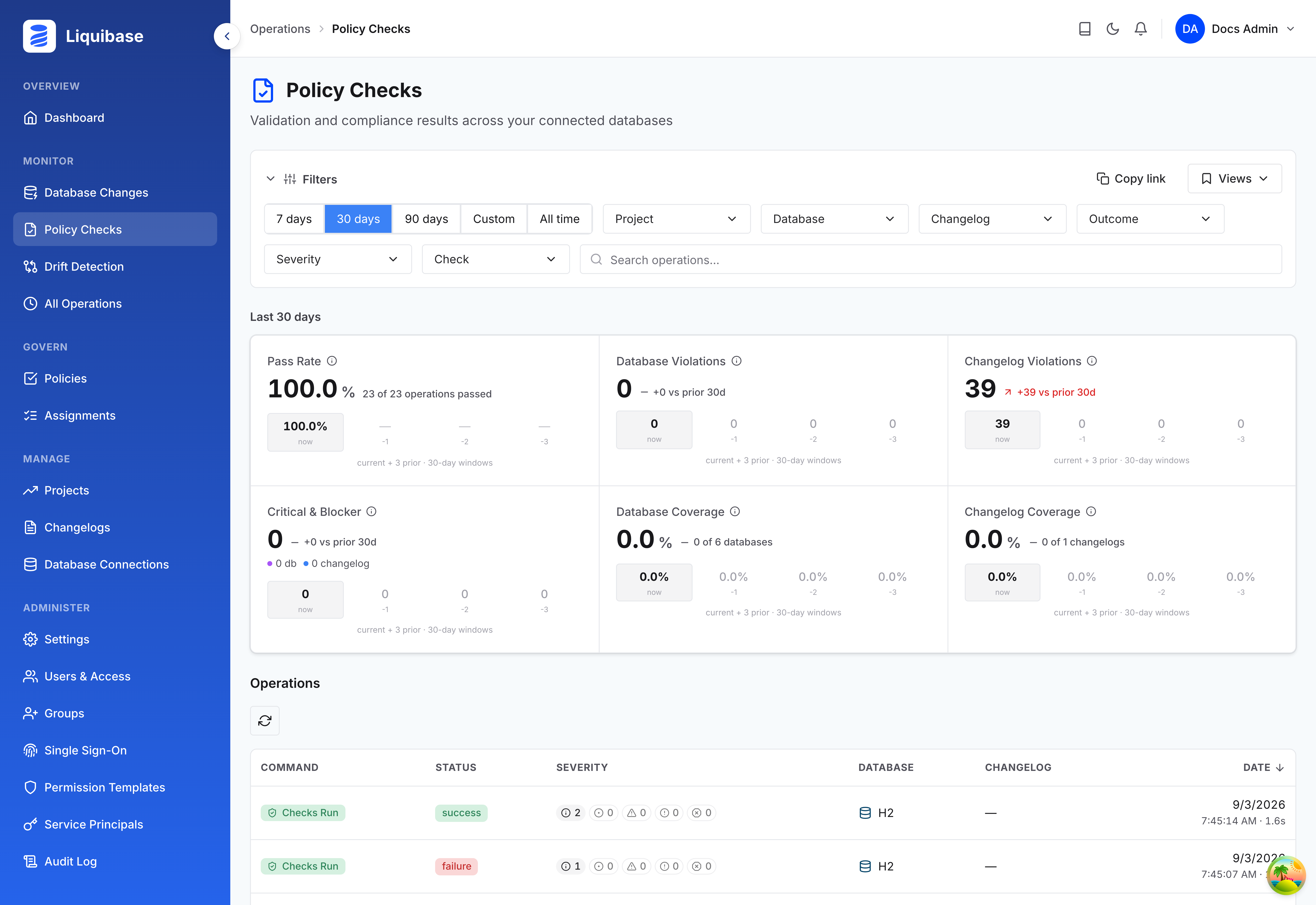 The Policy Checks dashboard showing pass rate, database and changelog violations, critical and blocker counts, and coverage for the last 30 days