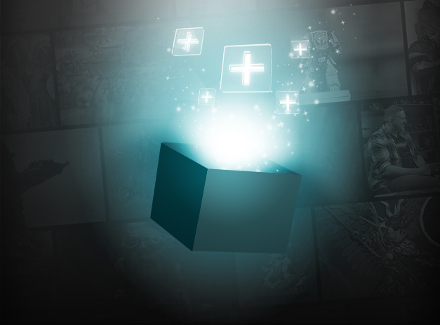 A box opening and releasing glowing Warhammer Plus symbols