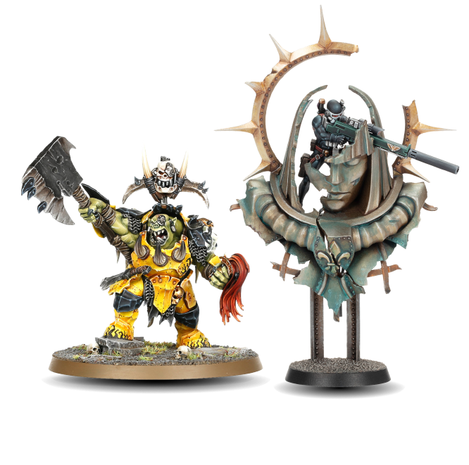 A shot of the two miniatures which can be obtained through the Warhammer+ subscription
