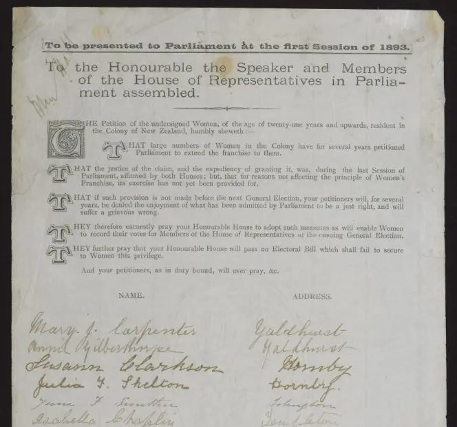 Page from Women's suffrage petition.