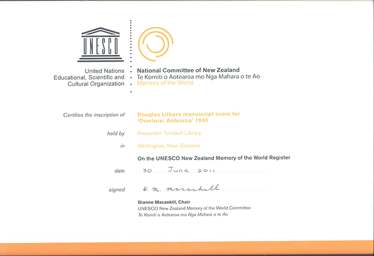 signed certificate from UNESCO to Alexander Turnbull library.