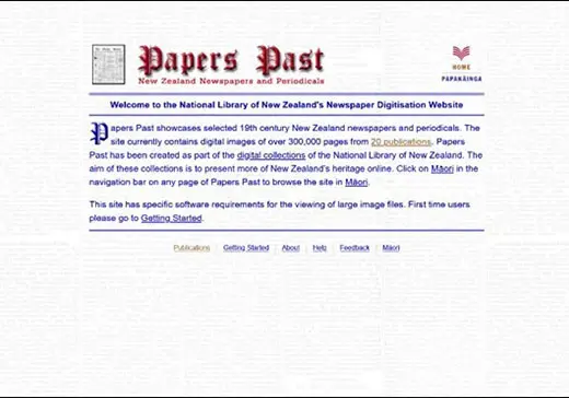 Papers Past homepage 2021. White background with newspapers columns, foreground heading in old style font that says Papers Past, New Zealand Newspapers and Periodicals. More words about the site. 