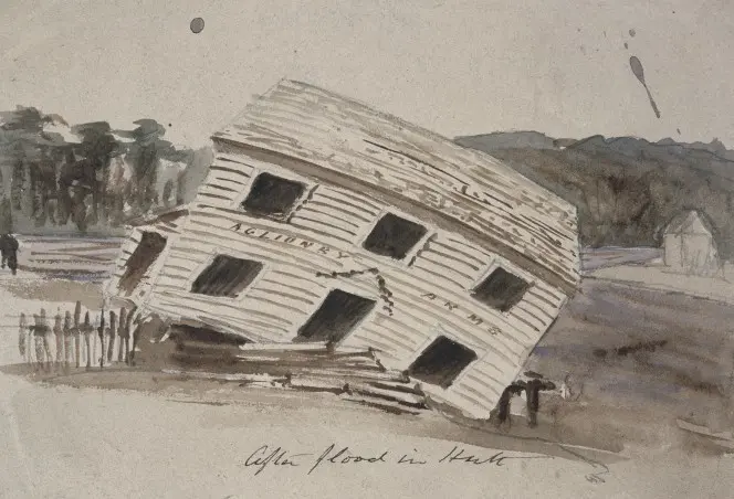 Shows the Aglionby Arms in Lower Hutt leaning dangerously off its foundations.