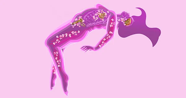 Illustration of a dark pink silhouette of a woman floating against a pale pink background.