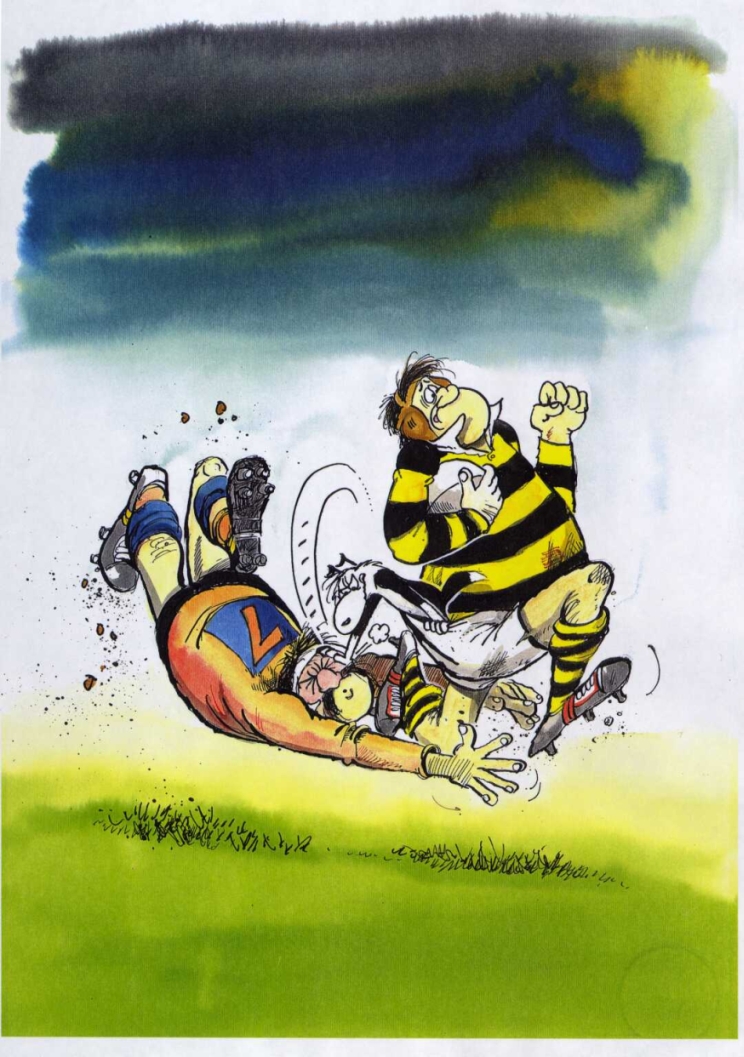 Shows Wal running down the rugby field with the ball tucked under his arm. The dog is sitting in his shorts and has stopped a member of the opposing team from tackling Wal.