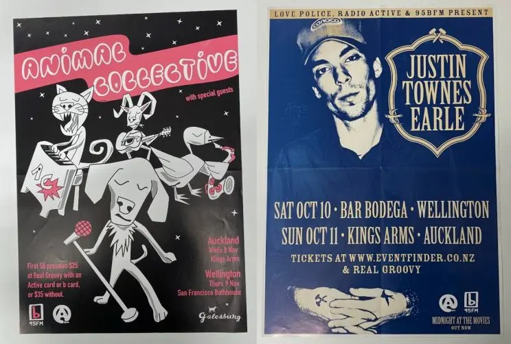 Side-by-side images of two gig posters with the left showing abstract band members depicted as a cat, dog, duck and rabbit playing instruments in space and on right a man standing holding his hands clasped with the details of two venues and dates plus info on where to buy tickets and logos from sponsors in the bottom right corner. 