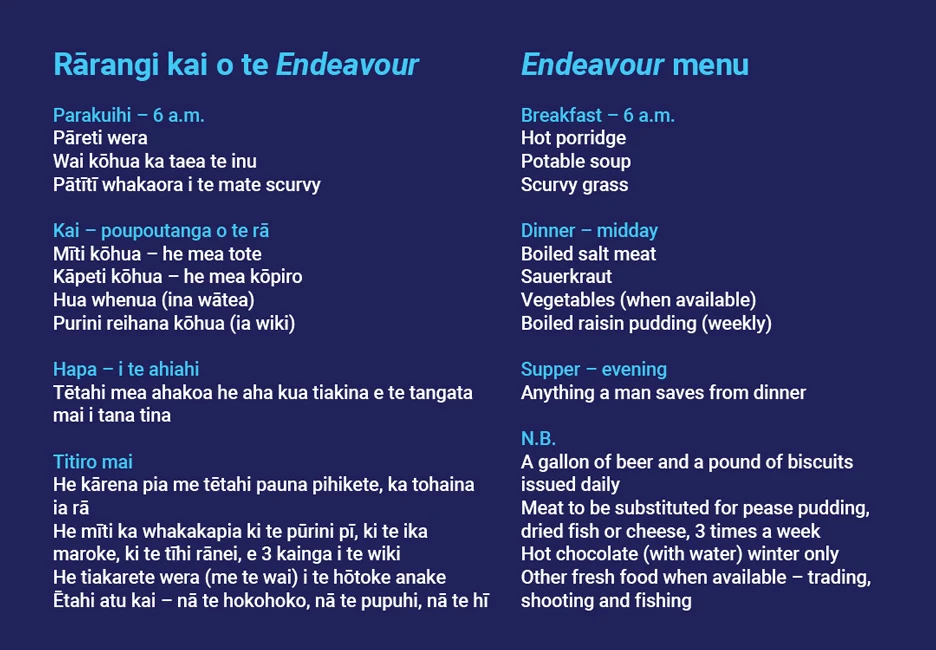 Endeavour menu in te reo Māori and English. See Description below.