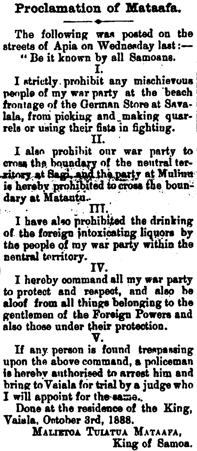 A newspaper article about Mataafa's Proclamation upon being coronated.