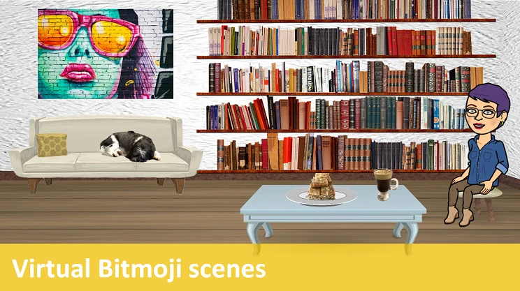 Bitmoji virtual scene featuring a purple-haired librarian, a bookshelf, cake, and coffee.