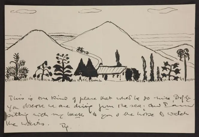 Katherine Mansfield's sketch and note to John Middleton Murry: 'This is the kind of place that would be so nice…'. Undated