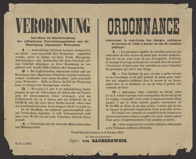 An arrangement of text in both German and French, on a poster issued by the German forces giving orders regarding the duty of citizens to give help when requested.