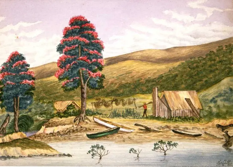 A painting depicting a river or estuary, with mangroves in foreground, fishing boats, fishing net drying, small hut with chimney, two ratas or pohutukawas in bloom, and a man carrying oars over his shoulder.