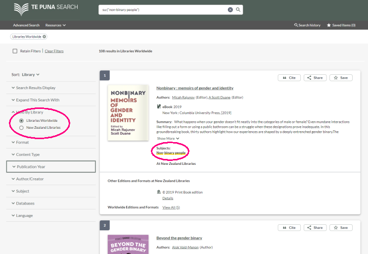 A screenshot showing a catalogue with results displaying for the search term 'non-binary people’ from libraries world-wide. 