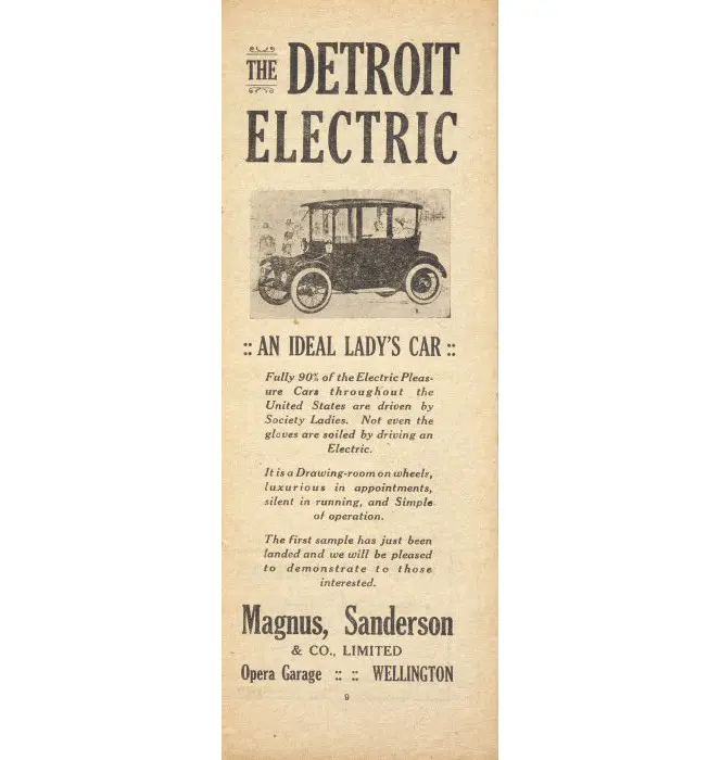 Advertisement for the Detroit Electric car. Shows photograph of car. Explains that 'not even the gloves are soiled by driving an electric. It is a drawing-room on wheels...'.