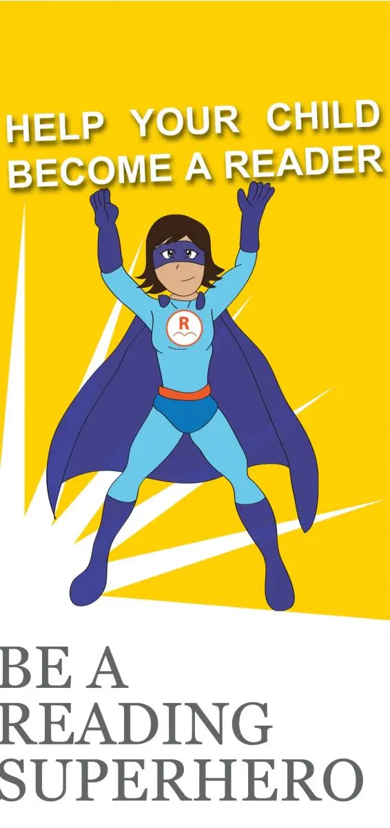 A cartoon of a superhero below the text 'Help your child become a reader'.