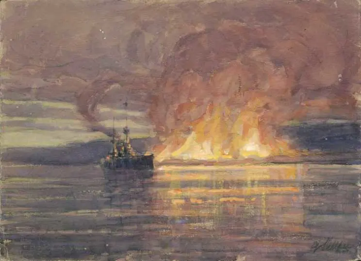Allfree, Geoffrey S, 1889-1918 :[The evacuation of Suvla Bay. The burning of a million pounds worth of stores; last lighter coming away as dawn broke] 1915. Watercolour, 250 x 355 mm.
