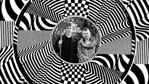 Album cover showing concentric black and white patterns with portrait of two musicians in the middle. 