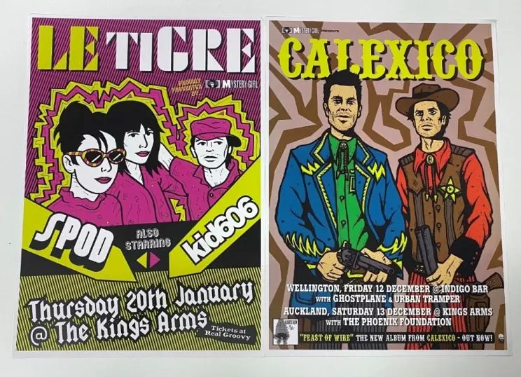 Two side-by-side posters for Le Tigre and Calexico using illustrated representations of the band members. 