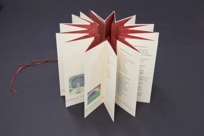 Tall and narrow multi-folded book, pulled around to form a star with the cover side on the inner.