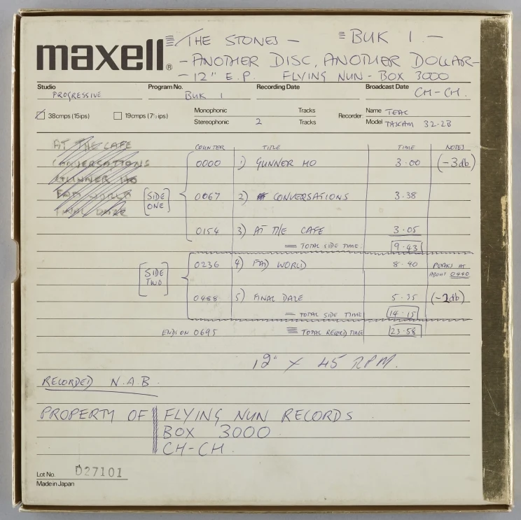 Back of tape reel box showing handwritten notes to recording engineers.