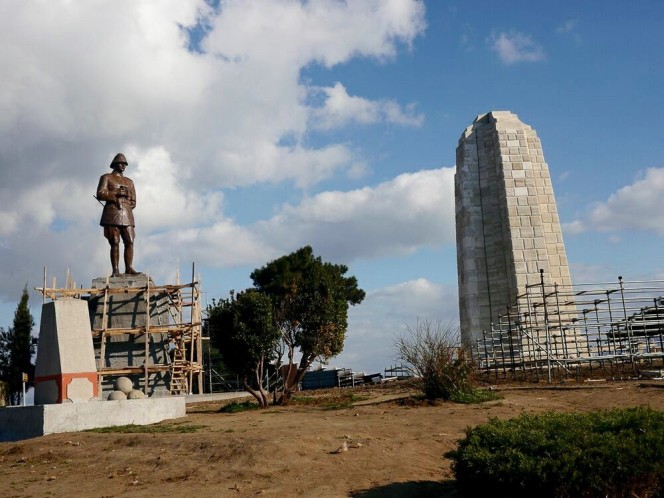 Memorials cleaned and repaired atop Chunuk Bair, and the statue of Mustafa Kemal Ataturk on the left.