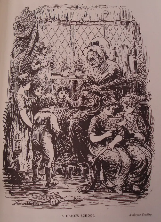 Woodcut of children reading from hornbooks in a Dame School.