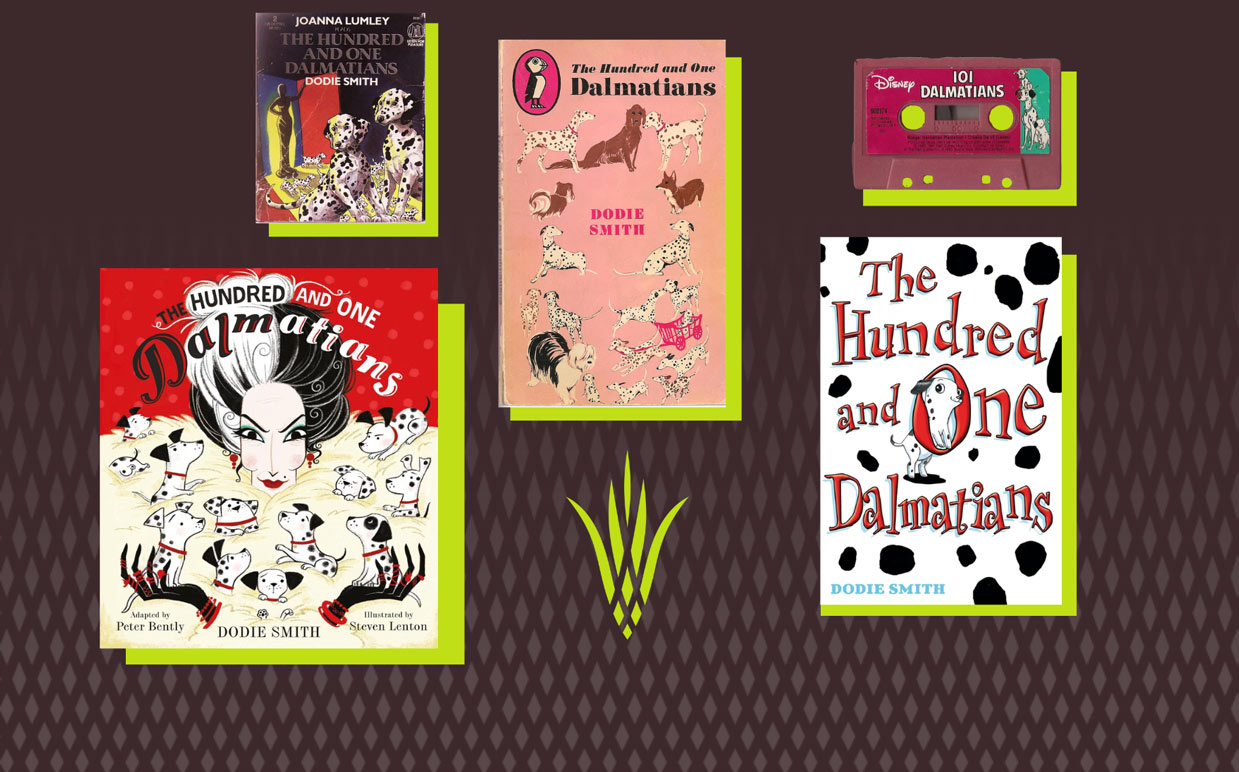 Collection of 5 different editions of 'The Hundred and One Dalmatians' book covers and a cassette tape on a dark background.