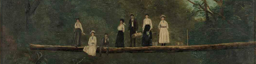 Seven people on a standing and sitting in repose on a swing bridge. They have packages with them.