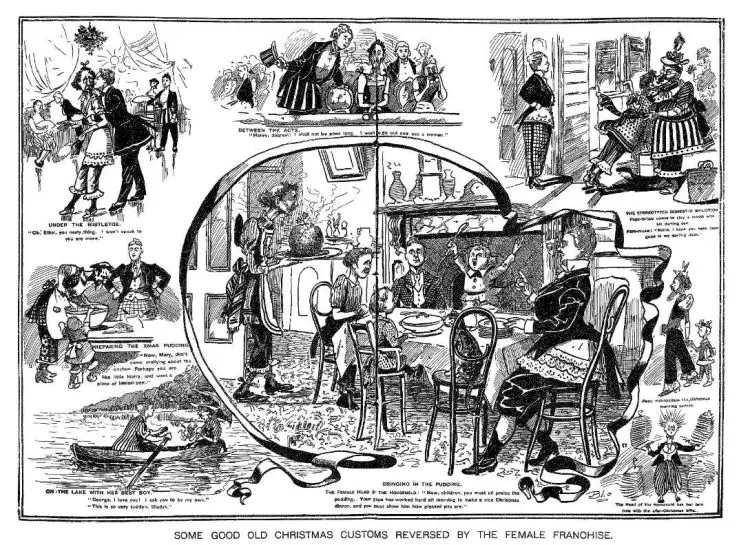 A black and white illustration depicting eight vignettes of role reversals between men and women.