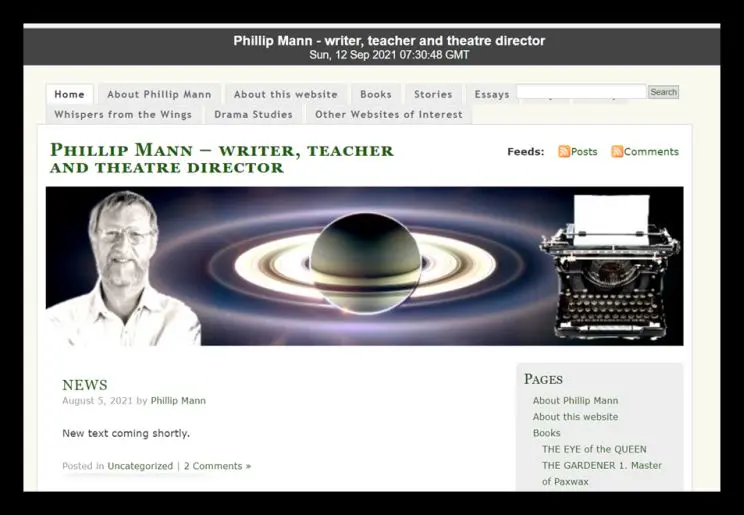 A website homepage featuring a banner image of the author and the planet Saturn and sections for 'News' and 'About'. 