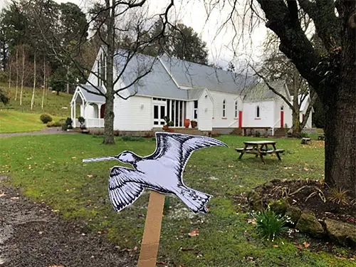 Colour photograph of a kuaka (bar-tailed godwit) cut out held in front of a church with bush in the background.