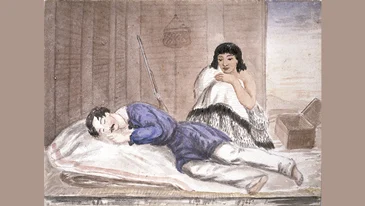 Drawing of a sleeping soldier in a whare, being watched over by a Māori woman