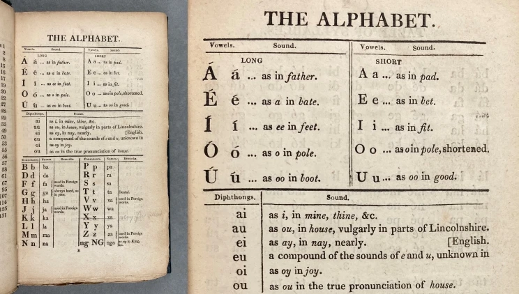 A side by side image of a page from a book printed in black ink, the image on the left shows the whole page and the image on the right is a close-up of the top of the page.