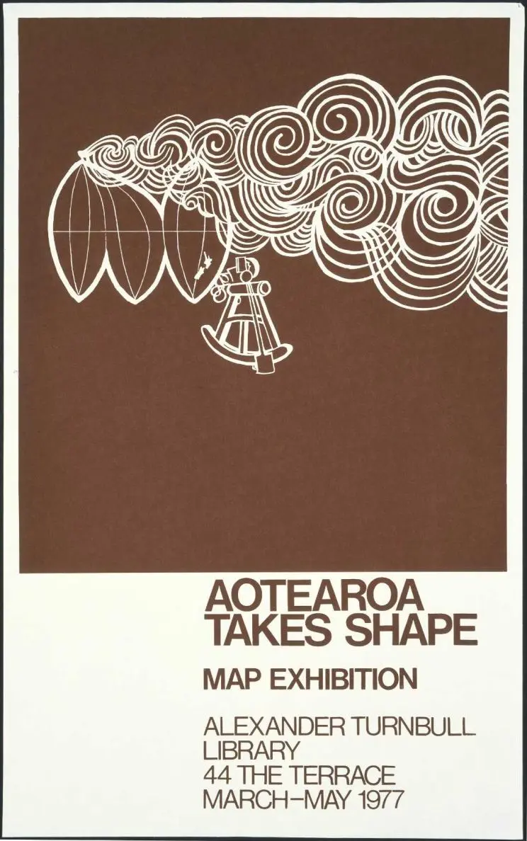 A poster for an exhibition with white and brown colouring and an illustration showing segments of the globe, a sextant, and swirling clouds and title and text at bottom. 