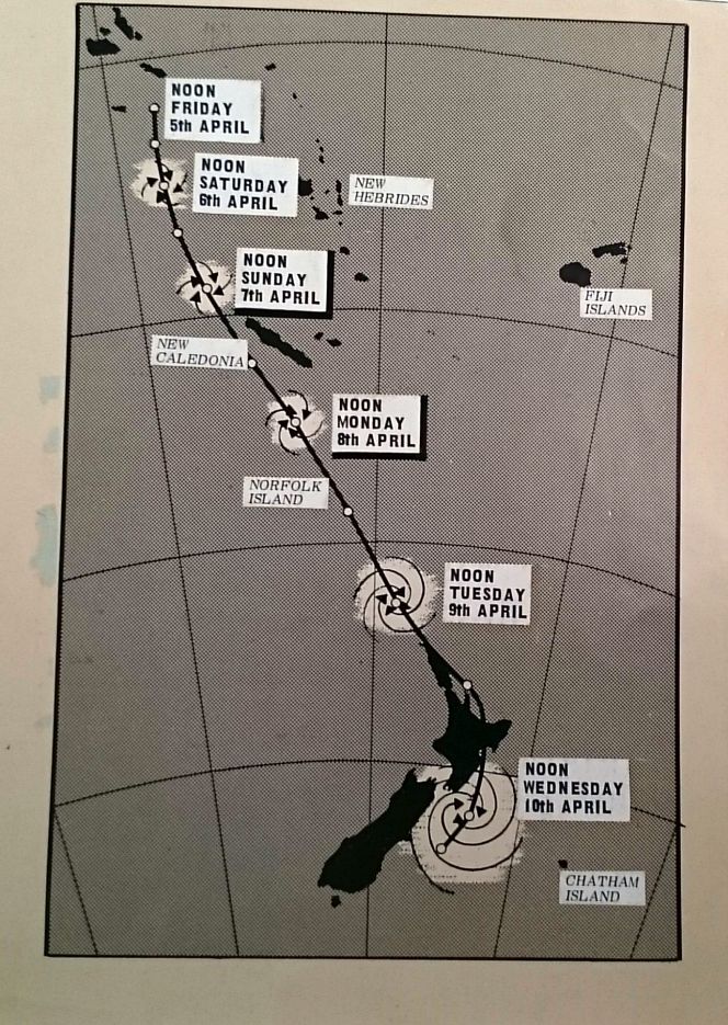 The path of tropical cyclone Giselle on 10 April 1968.