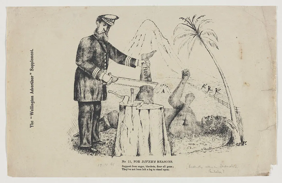 Satirical cartoon of a European man in military uniform sawing the leg of a Māori man, with Mt Taranaki in the background. The leg is marked ‘flour’ and the other leg, marked ‘sugar’, is already removed.