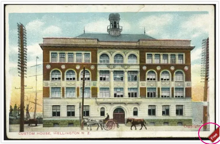 A postcard depicting an old building with horse and buggy out front, in the bottom right corner is a pink circle highlighting the 'free' tag applied to certain images in the collections. 