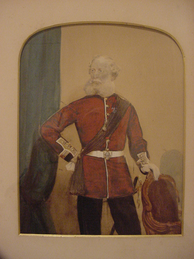 A formal painting of Cyprian Bridge dressed in his army uniform. He is standing with his hand on a chair.