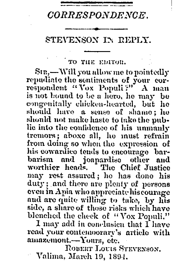 Robert Louis Stevenson's letter to the Editor. Headline reads 'Sir - will you allow me to pointedly repudiate the sentiments of your correspondent 'Vox Populi'?.