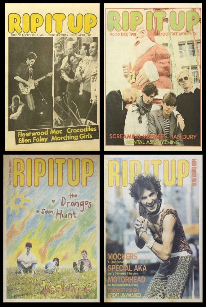 Some of the many Rip It Up covers featuring New Zealand artists. Shows four covers.